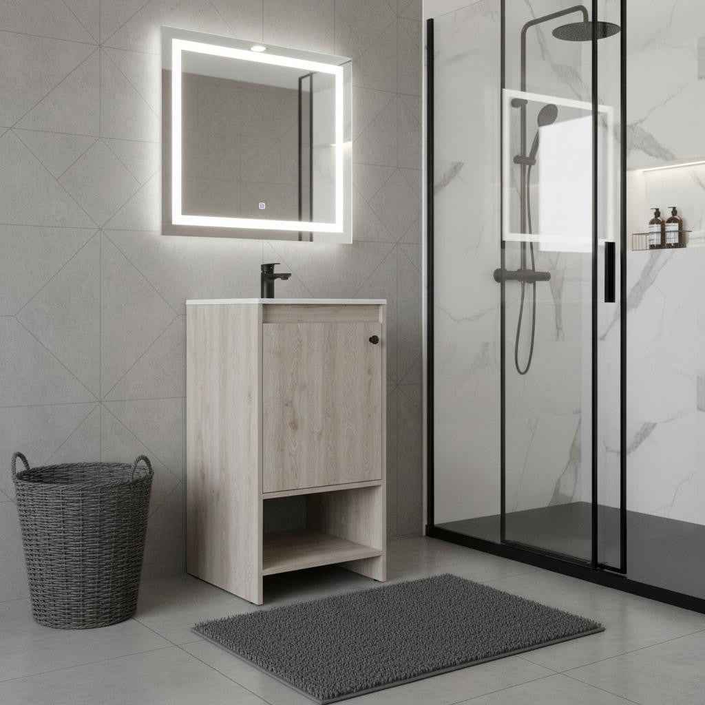 18" Light Gray Wood Freestanding Single Door Bathroom Vanity With White Sink