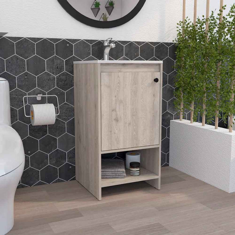 18" Light Gray Wood Freestanding Single Door Bathroom Vanity With White Sink