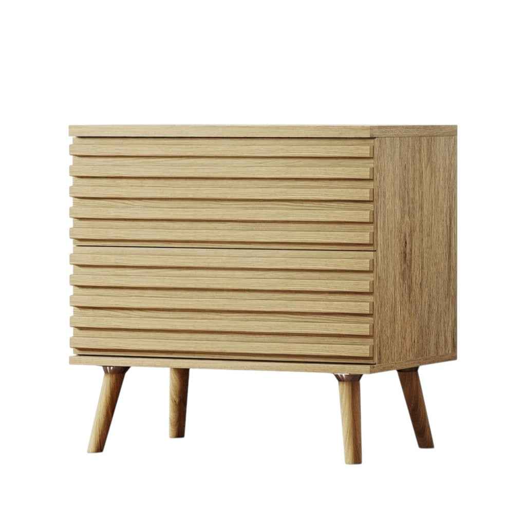 23" Natural Solid Wood Ribbed Texture Two Drawer Nightstand