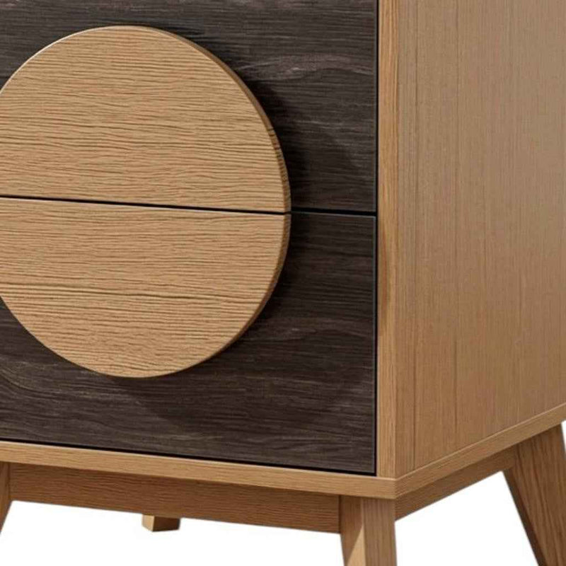 21" Oak And Dark Brown Solid Wood Square Two Drawer Nightstand