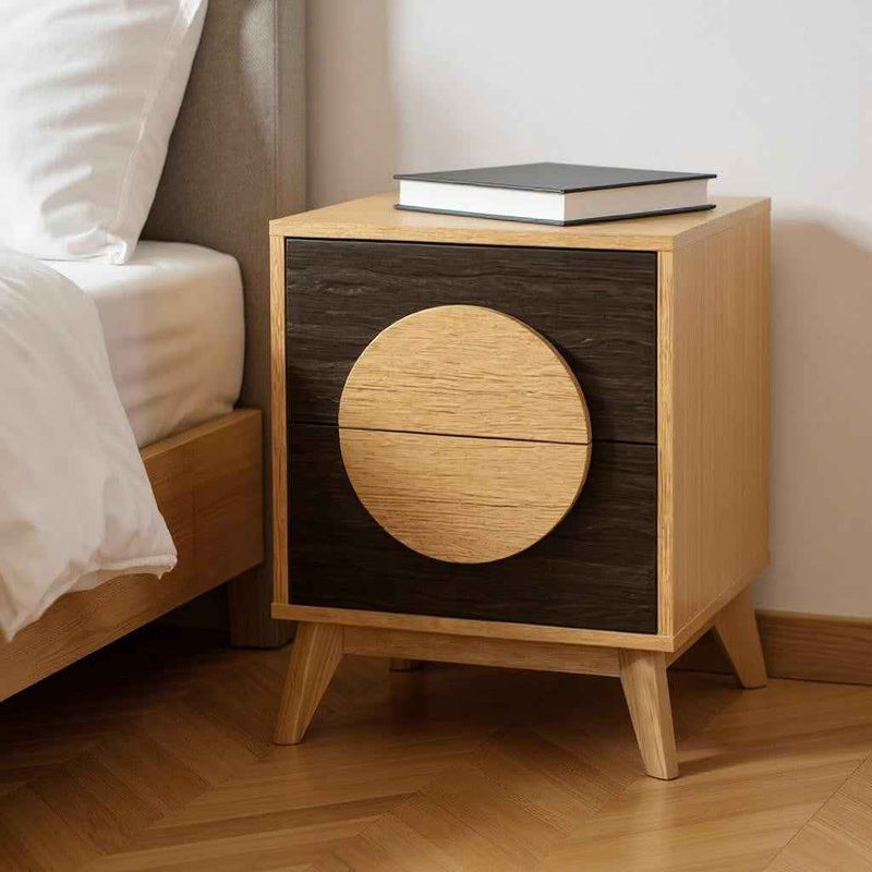 21" Oak And Dark Brown Solid Wood Square Two Drawer Nightstand