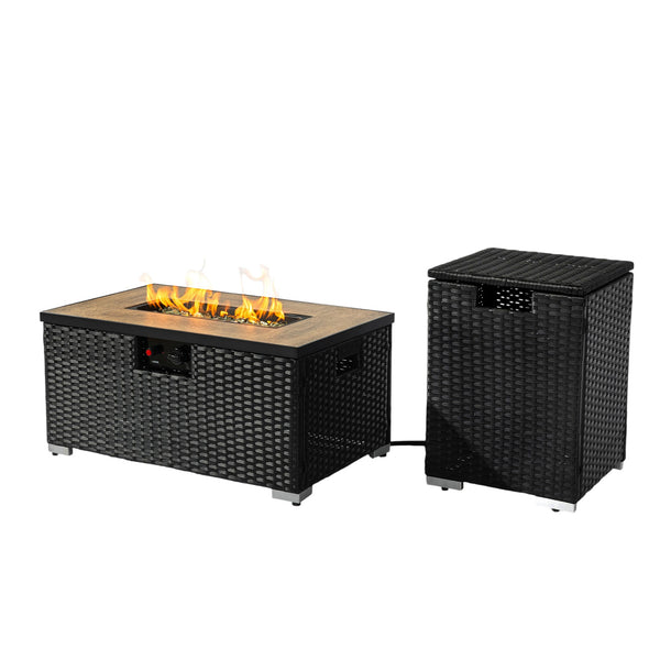 Rectangular propane fire pit with black wicker-texture body and glass wind guard