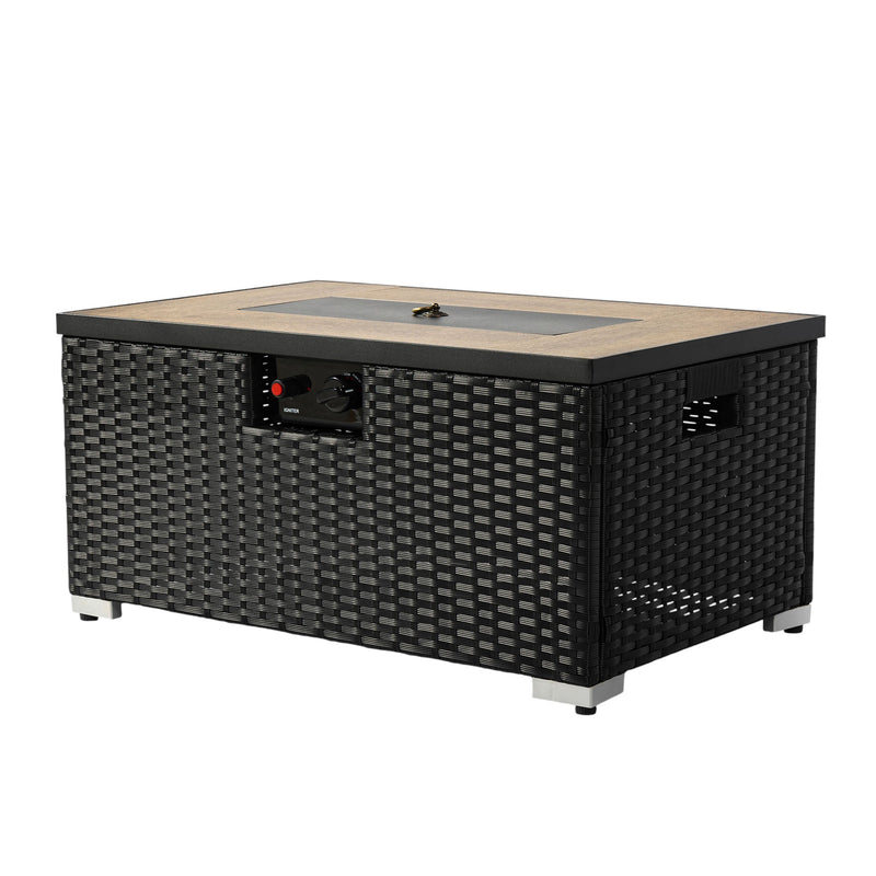 Rectangular propane fire pit with black wicker body, tan lid, and front control panel
