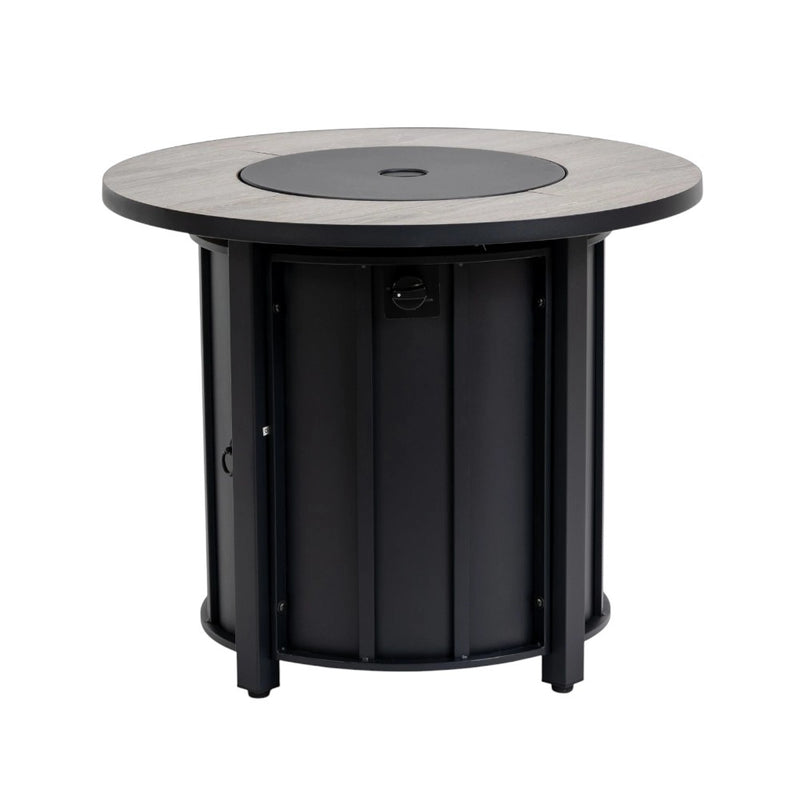 Round black steel propane fire pit with open center burner and tabletop lid