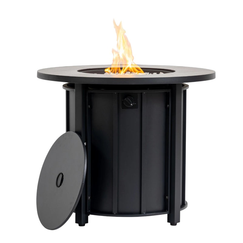 Black propane fire pit with side access panel and domed lid cover