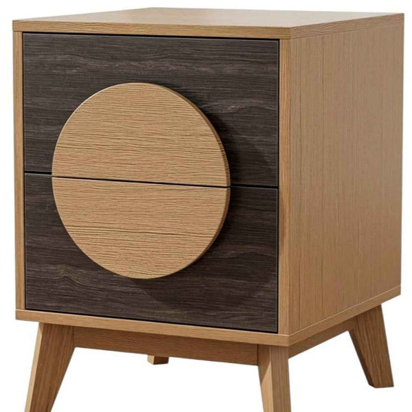 Set of Two 21" Oak And Dark Brown Solid Wood Square Two Drawer Nightstands