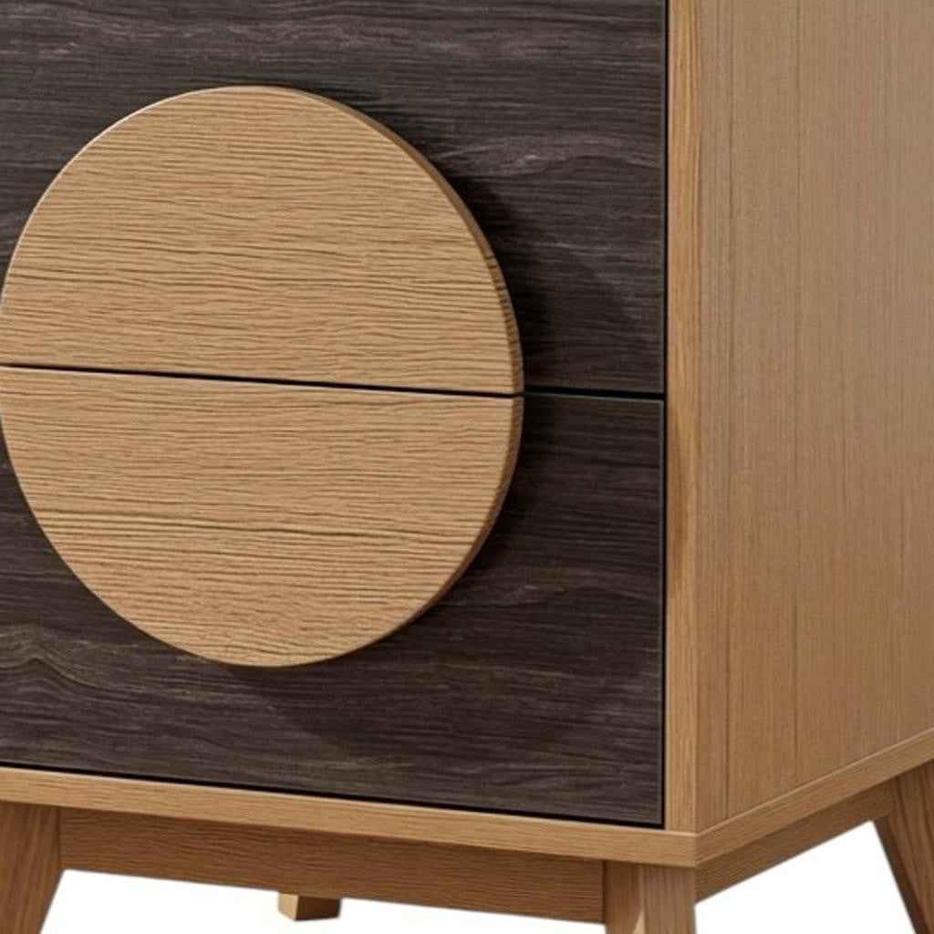 Set of Two 21" Oak And Dark Brown Solid Wood Square Two Drawer Nightstands