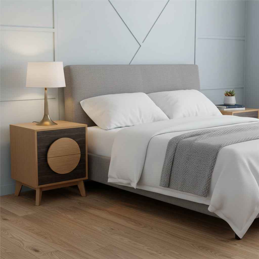 Set of Two 21" Oak And Dark Brown Solid Wood Square Two Drawer Nightstands