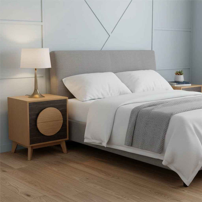 Set of Two 21" Oak And Dark Brown Solid Wood Square Two Drawer Nightstands