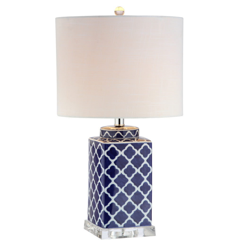 23" Clear Navy Blue And White Geometric Table Lamp With Drum Shade - Lighting
