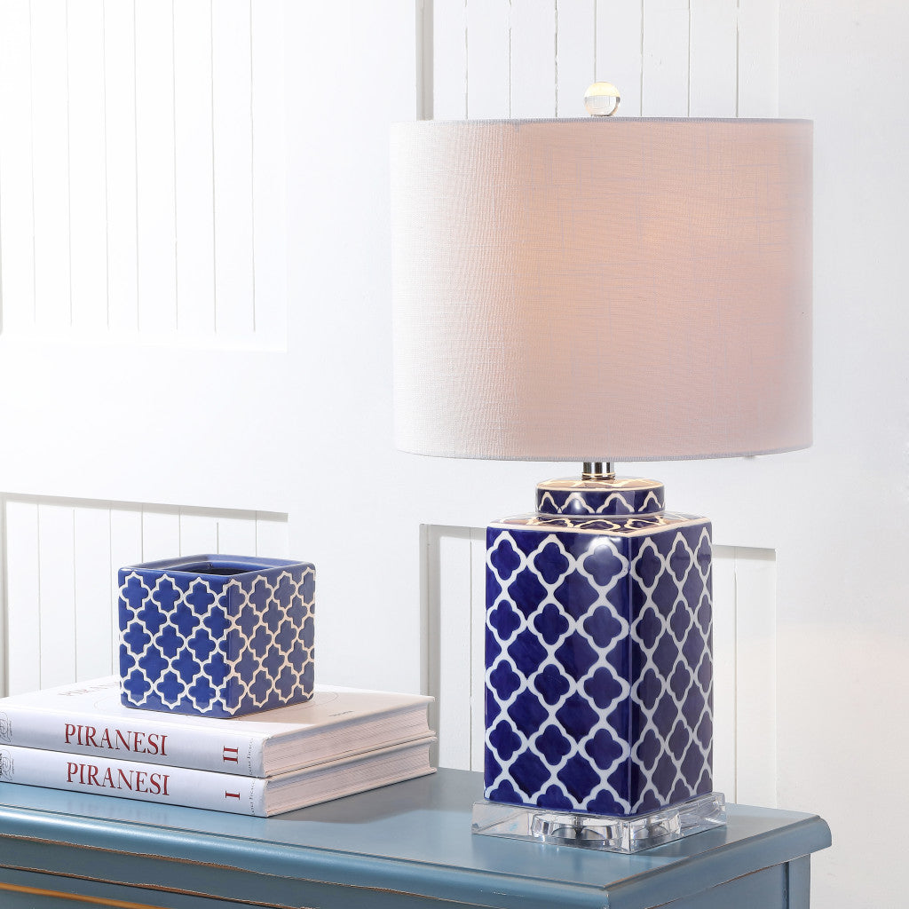 23" Clear Navy Blue And White Geometric Table Lamp With Drum Shade - Lighting