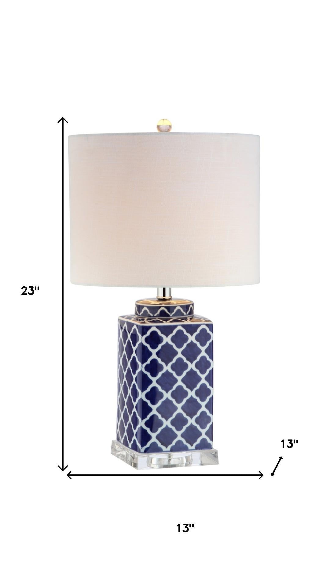 23" Clear Navy Blue And White Geometric Table Lamp With Drum Shade - Lighting