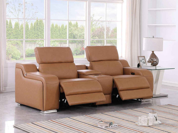 89" Cognac and Silver Italian Leather Power Reclining Loveseat With Storage