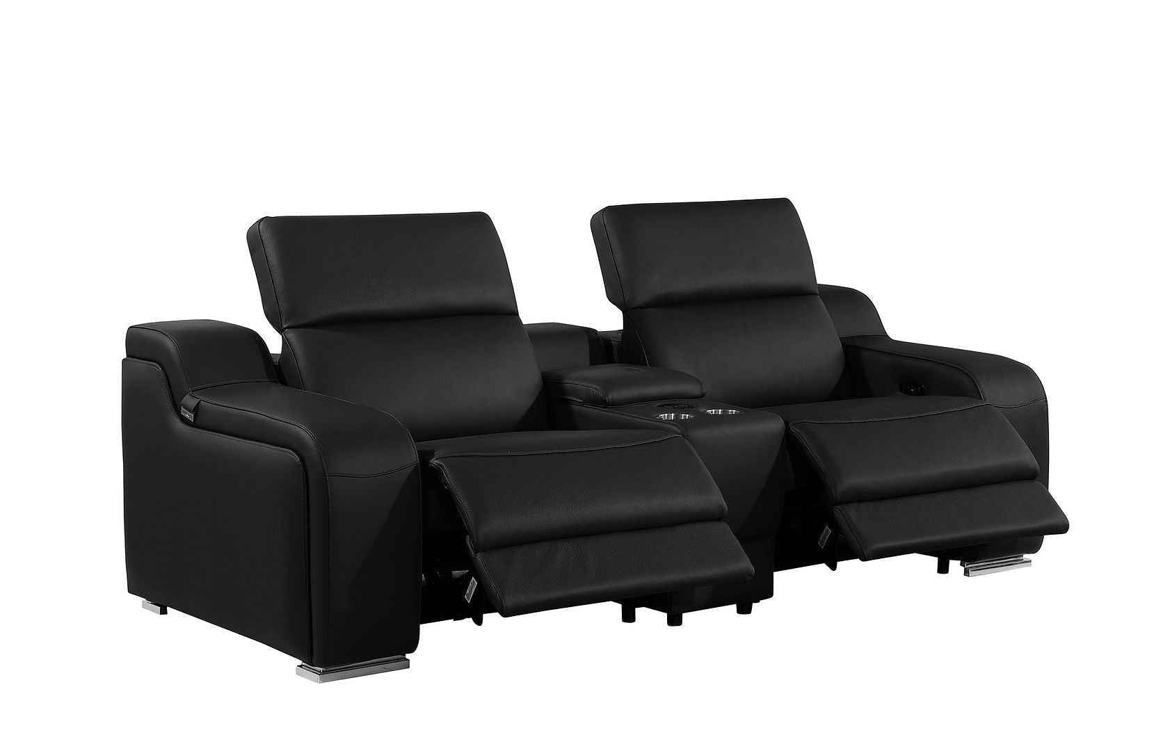 89" Black and Silver Italian Leather Power Reclining Loveseat With Storage