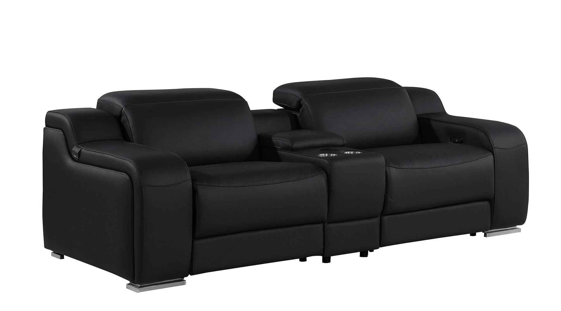 89" Black and Silver Italian Leather Power Reclining Loveseat With Storage