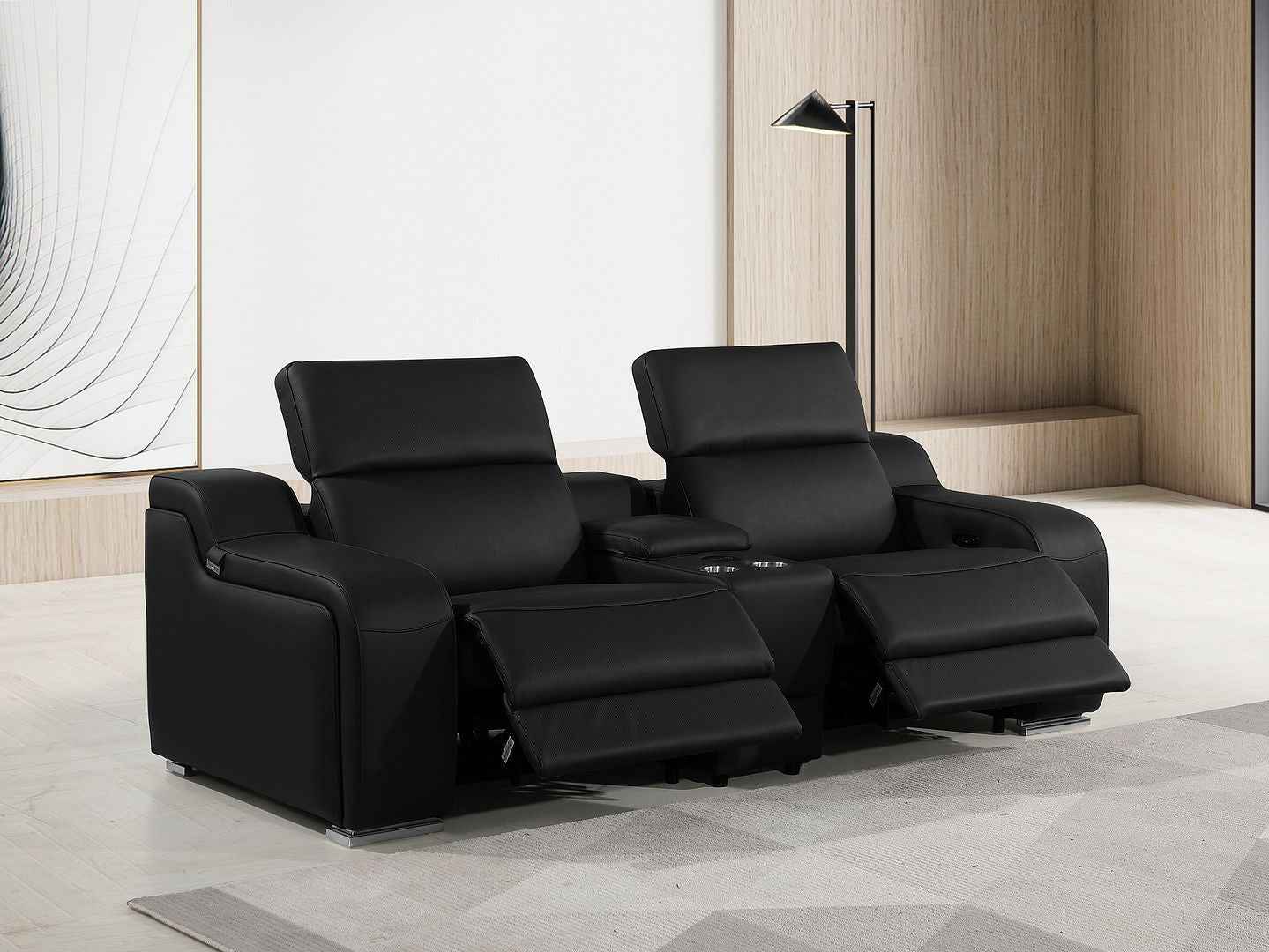 89" Black and Silver Italian Leather Power Reclining Loveseat With Storage