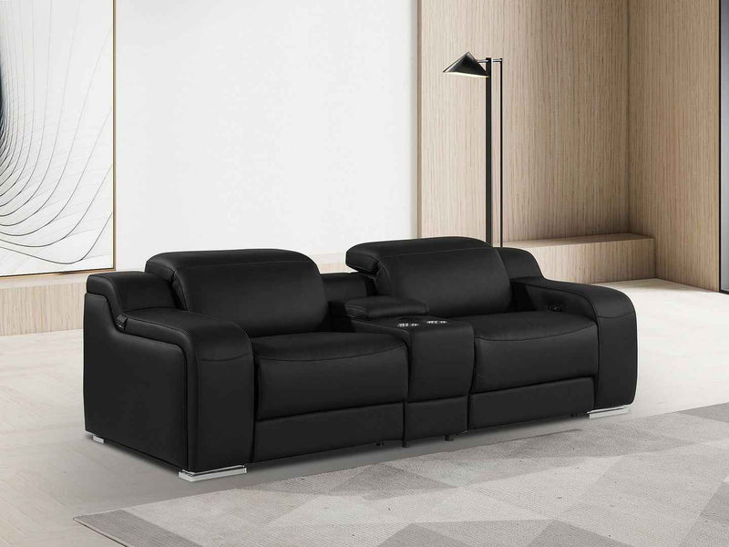89" Black and Silver Italian Leather Power Reclining Loveseat With Storage