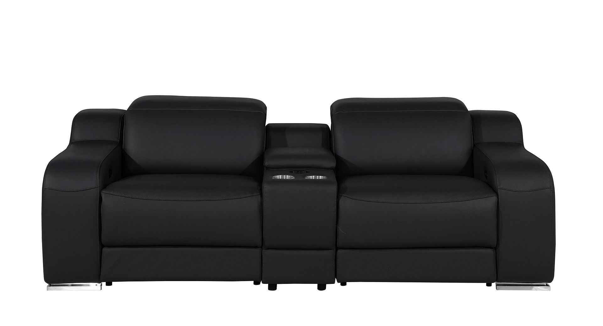 89" Black and Silver Italian Leather Power Reclining Loveseat With Storage