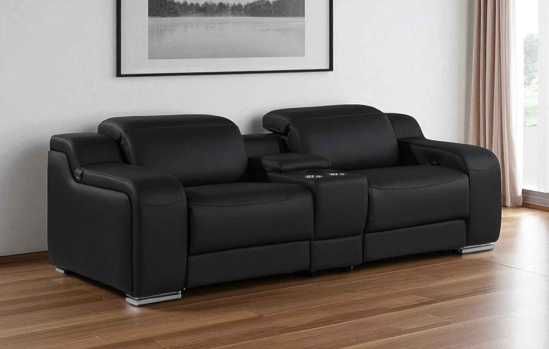 89" Black and Silver Italian Leather Power Reclining Loveseat With Storage