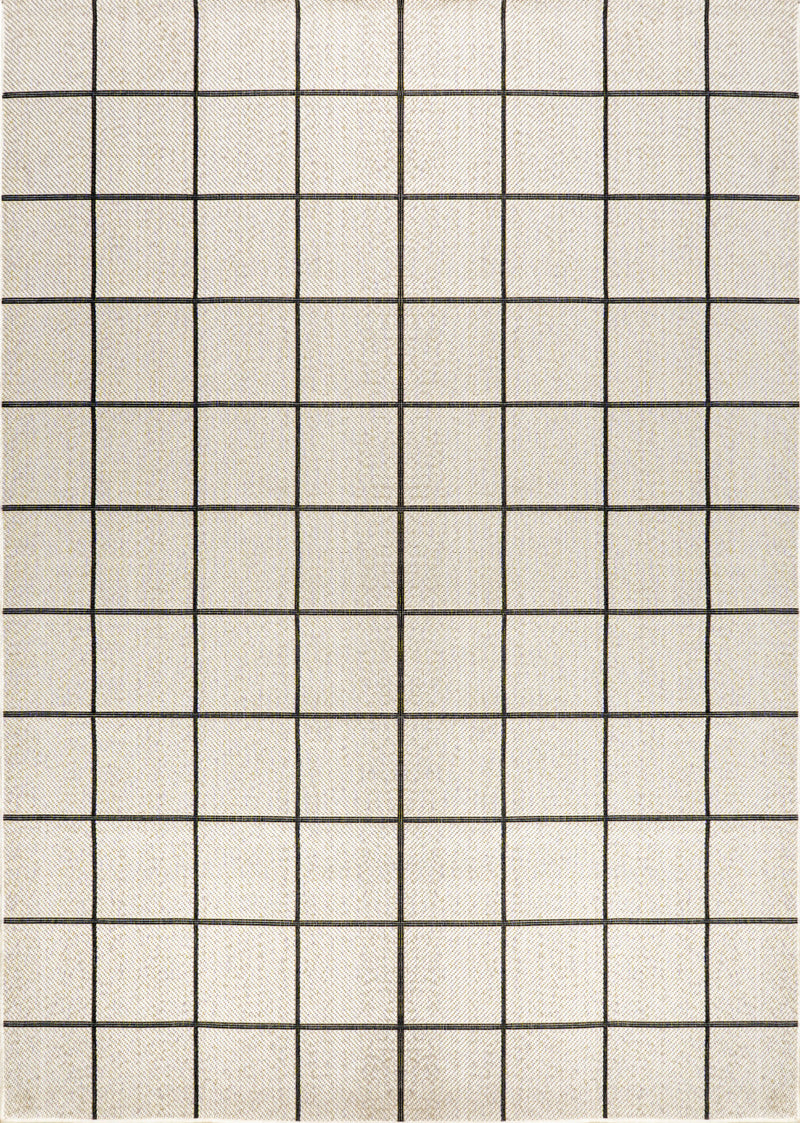 Cream area rug with dark grid plaid pattern across the surface.