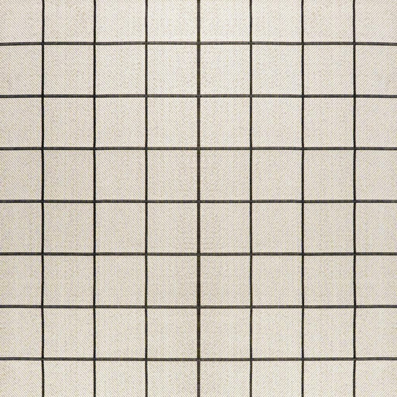 Cream plaid rug with dark gray grid lines, close-up texture.