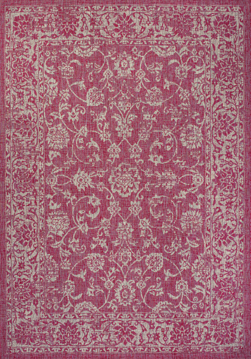 Fuchsia medallion area rug with dense ornate damask-style pattern