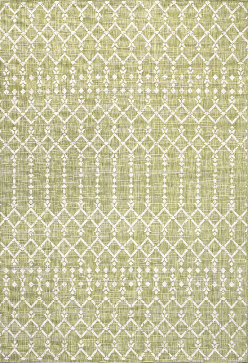 Light green and cream trellis area rug close-up with repeating geometric pattern