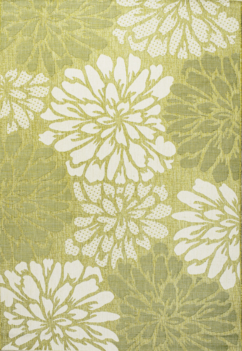Green indoor outdoor rug with cream large daisy-style floral pattern