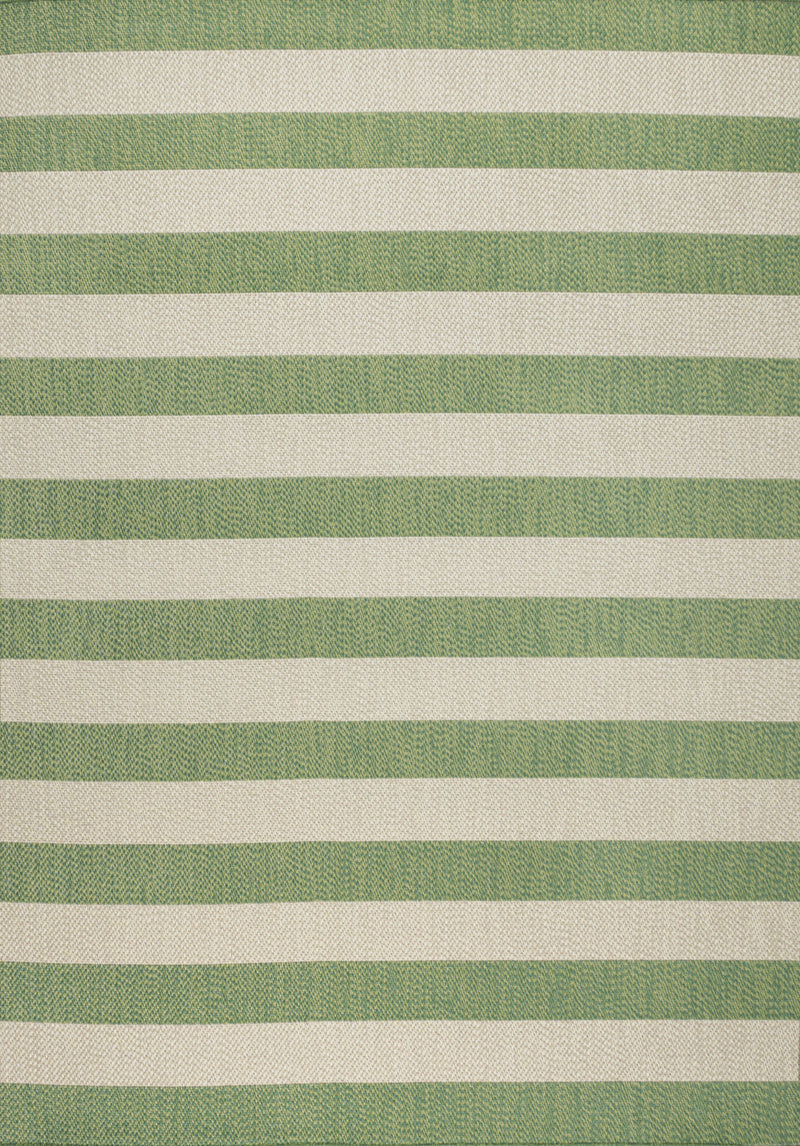 Green and cream striped area rug close-up showing textured weave and horizontal bands