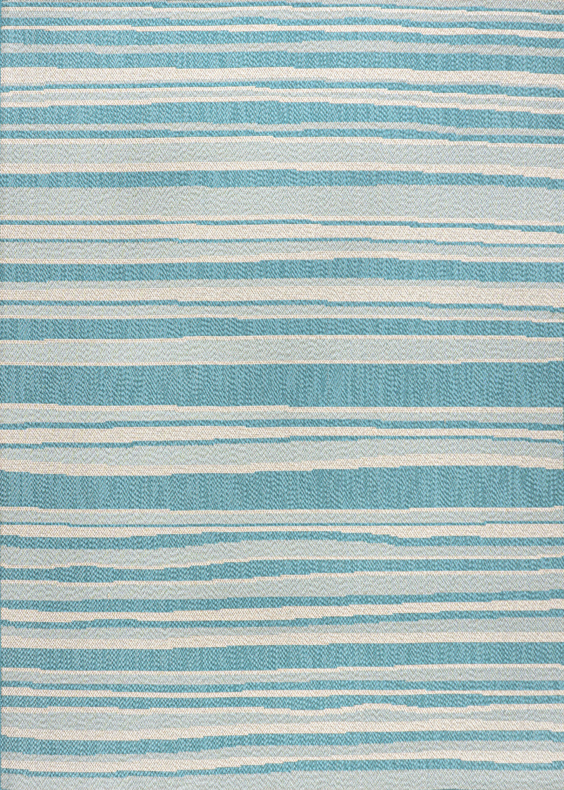 Aqua and cream striped area rug with narrow horizontal bands close-up