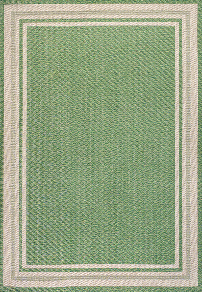 Green indoor outdoor area rug with cream double-bordered square frame