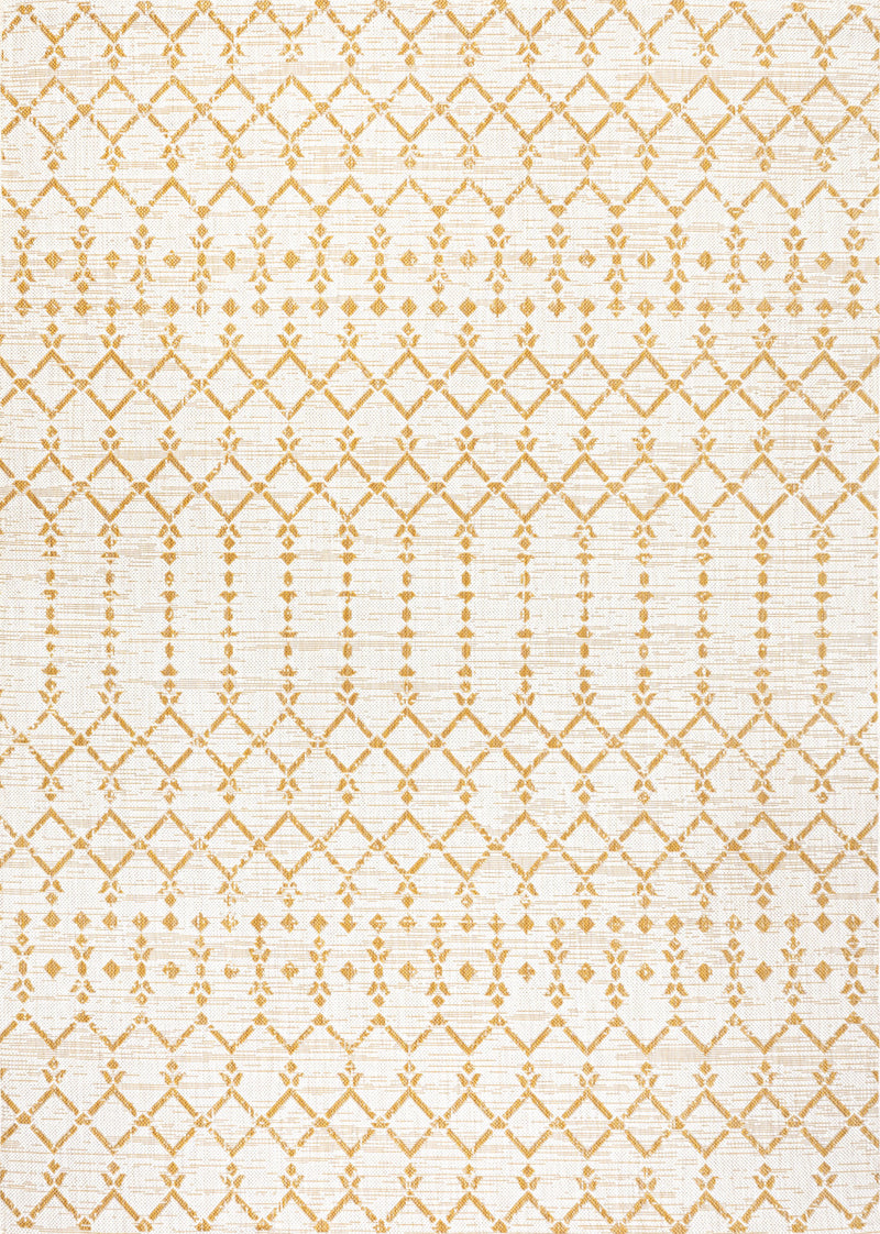 Cream indoor/outdoor area rug with yellow trellis geometric lattice and stripes