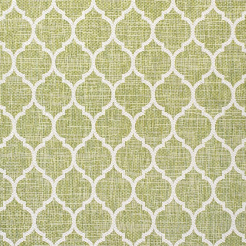 Green and cream square area rug with quatrefoil geometric pattern, full surface view.
