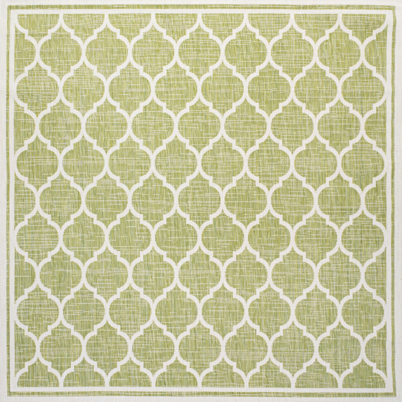 Green and cream square area rug with quatrefoil geometric pattern and thin border.