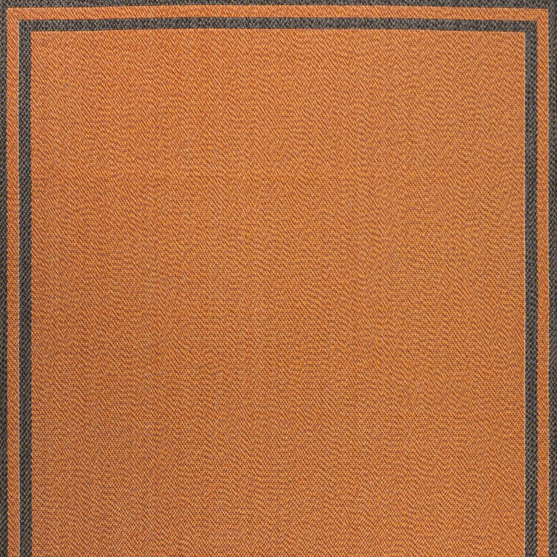 Orange indoor outdoor area rug with dark gray multi-line striped border around edge
