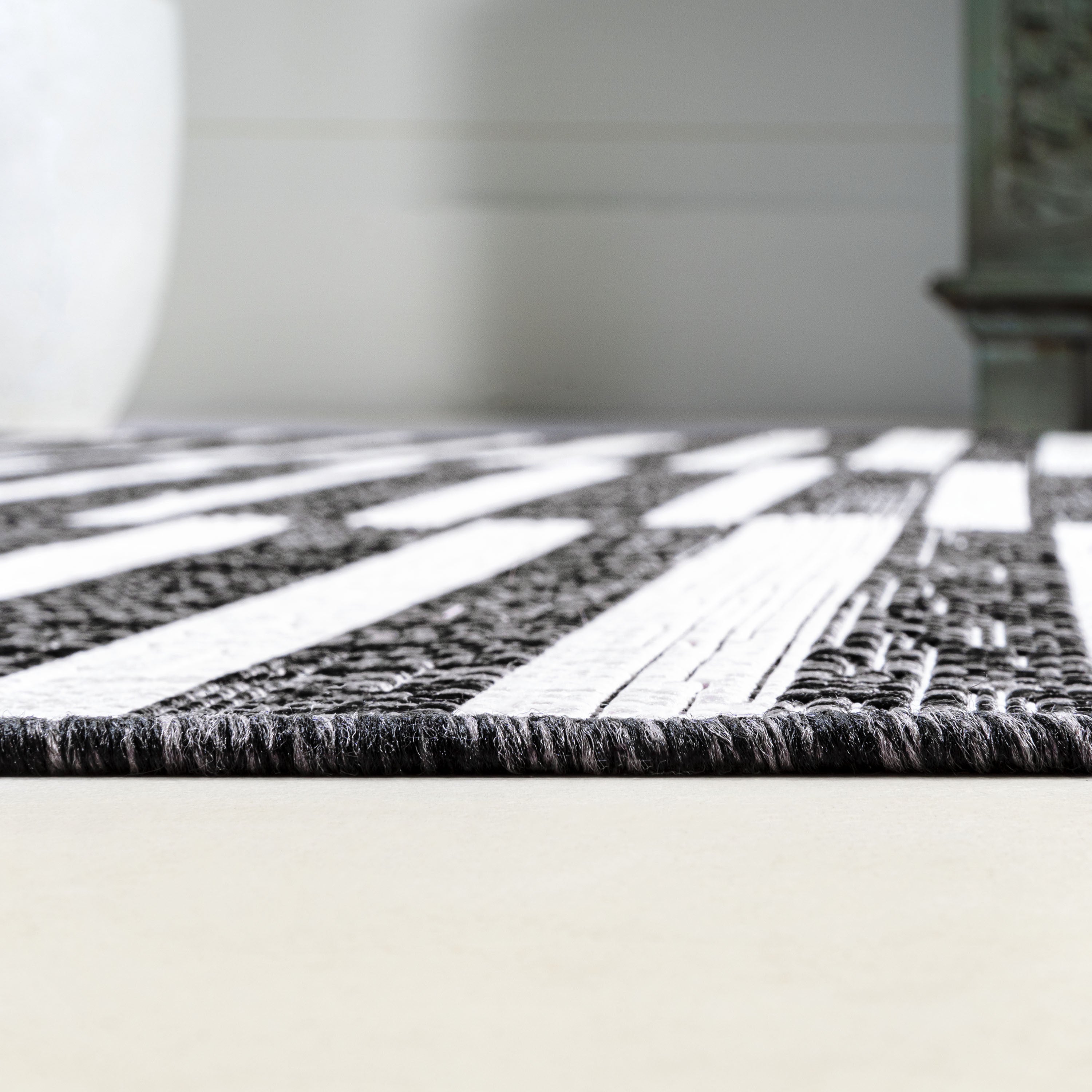 10' Black And Ivory Striped Indoor Outdoor Runner Rug - Sports & Outdoor