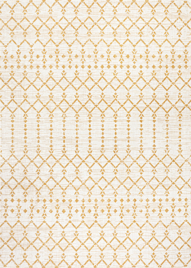 Cream indoor outdoor area rug with yellow trellis lattice and repeating diamond motifs