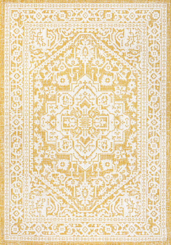 Yellow and cream medallion area rug with ornate geometric pattern and detailed border