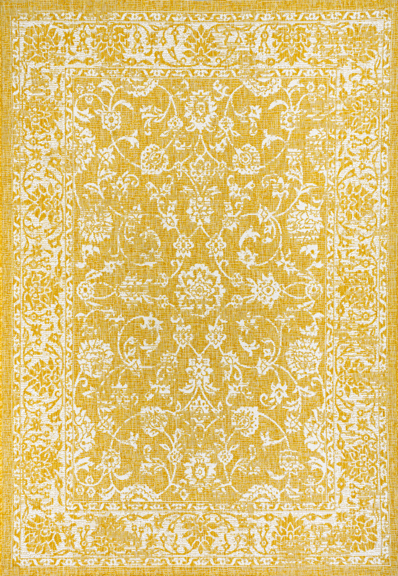 Yellow medallion area rug with cream ornate pattern, full front view