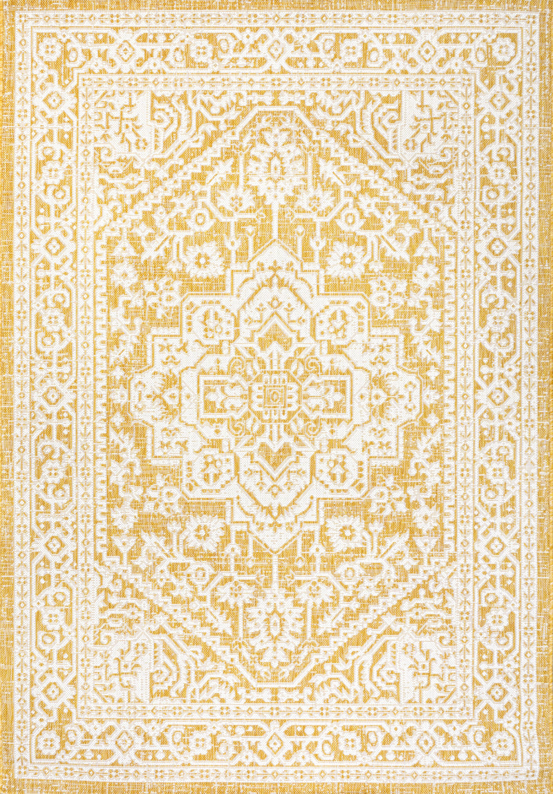 Yellow and cream geometric medallion area rug with decorative frame and center design.