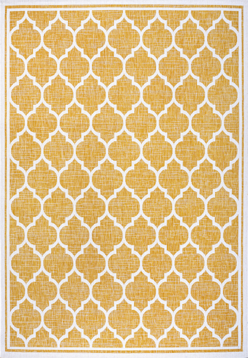 Yellow and cream geometric indoor/outdoor area rug with contrasting border