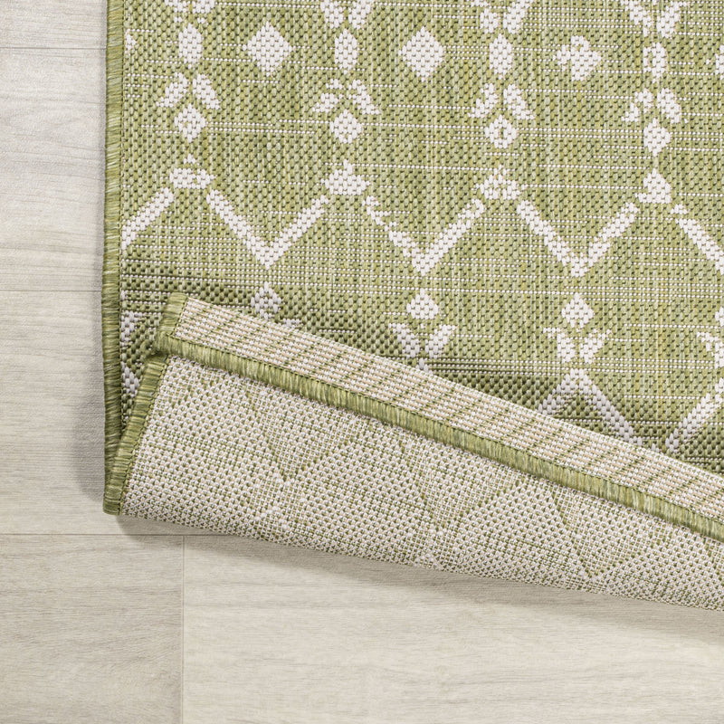 Corner of light green area rug with cream trellis design and textured border