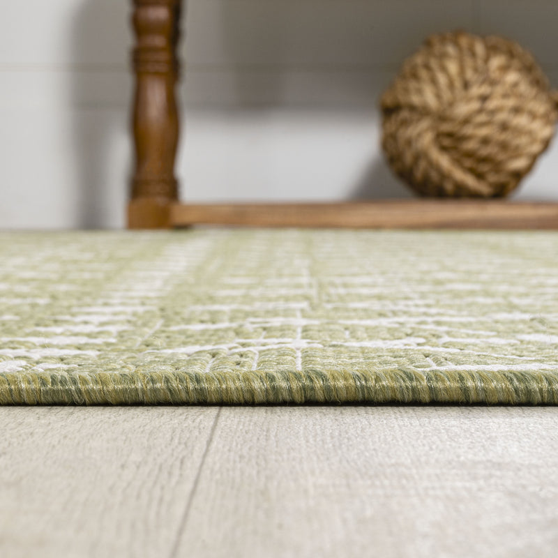 Light green rug surface with subtle woven texture and cream trellis motif