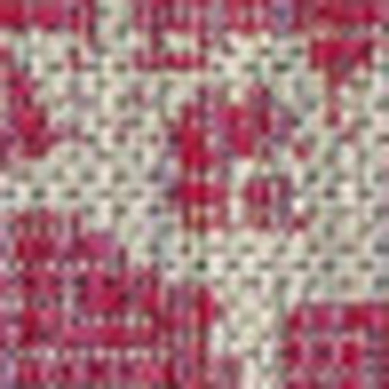Close-up fuchsia rug surface with light gray damask medallion and scrolling details