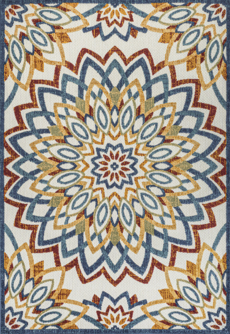 Close-up medallion area rug with intricate blue, red, and gold geometric rosette