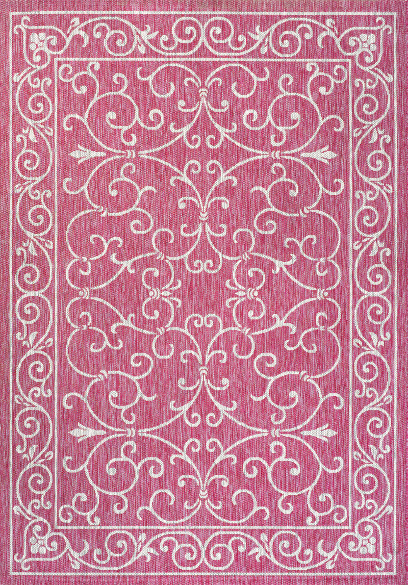 Fuchsia rug with light gray decorative border and symmetrical medallion design