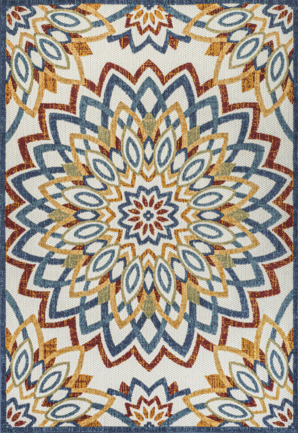 Indoor/outdoor area rug with large multicolor medallion floral pattern, blue red yellow