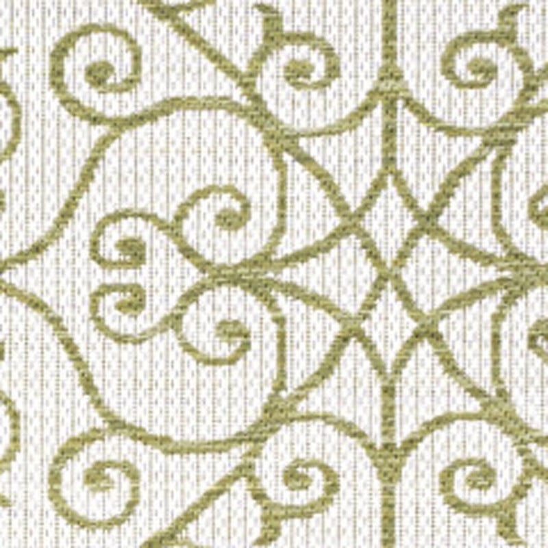 Indoor-outdoor area rug close-up pattern, cream field with green lattice swirls