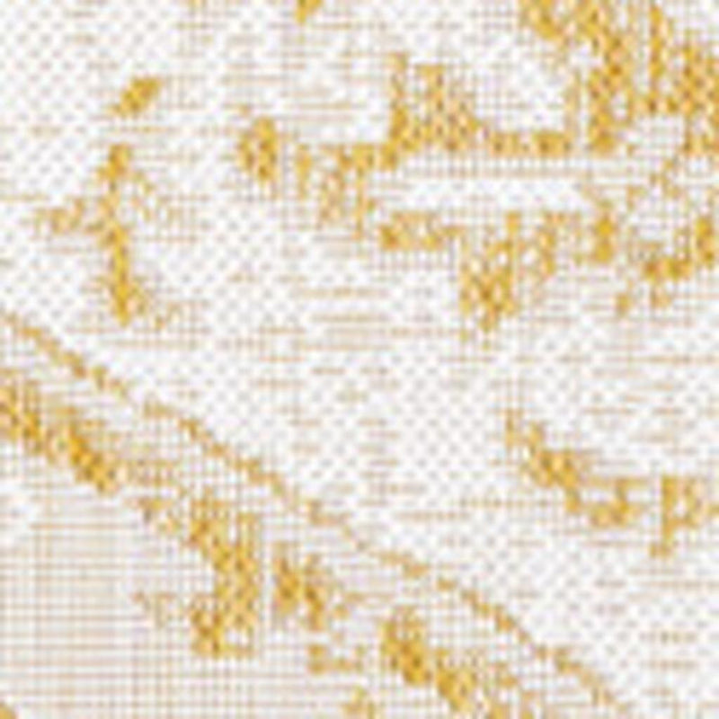 Cream and yellow geometric medallion rug pattern close-up with repeating motifs
