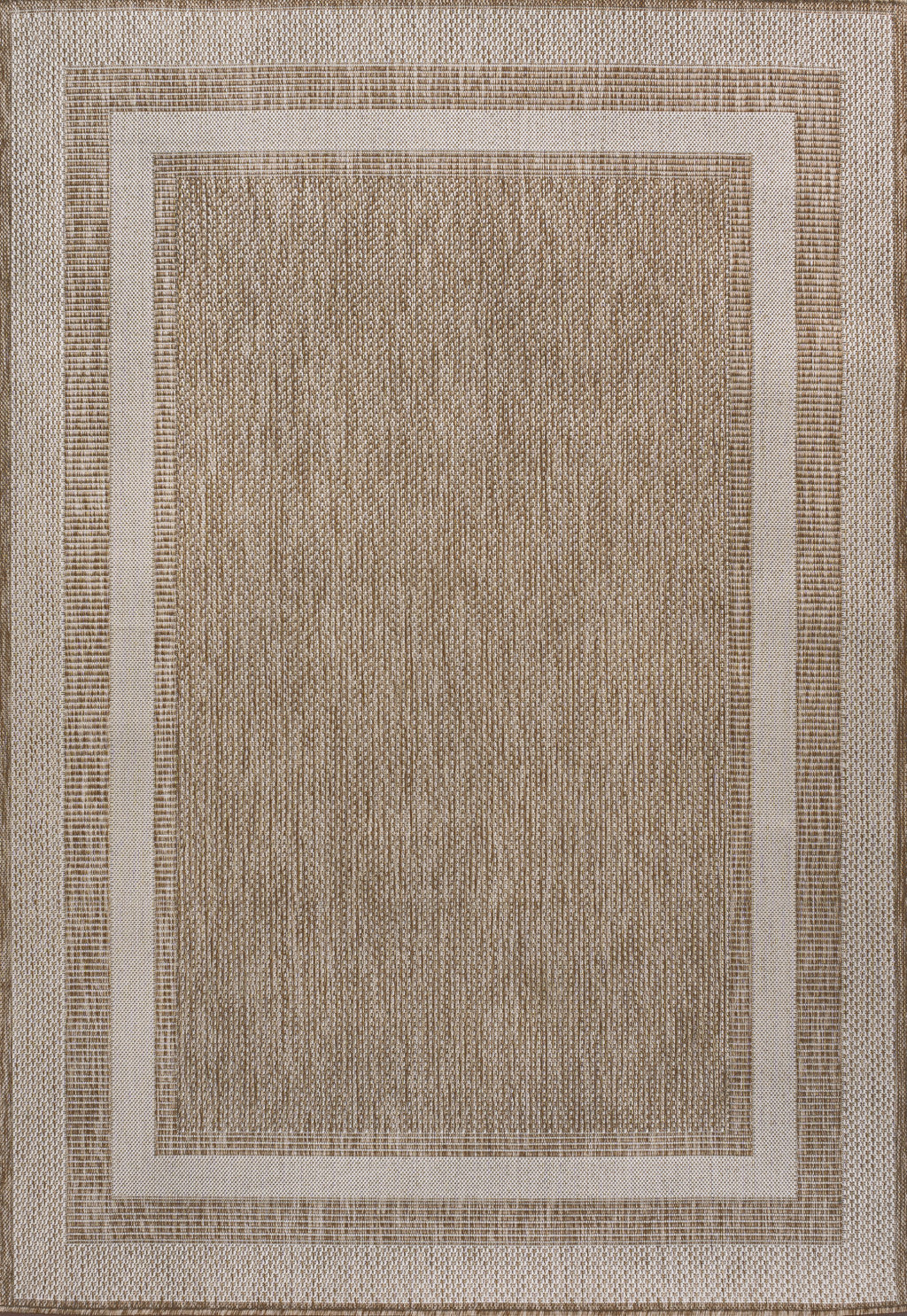 Beige and cream indoor outdoor area rug with rectangular border pattern